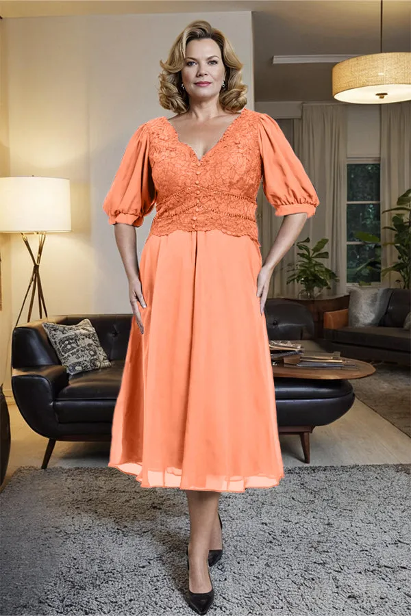 V-Neck A Line Half Lantern Sleeves Tea Length Mother of the Bride Dress