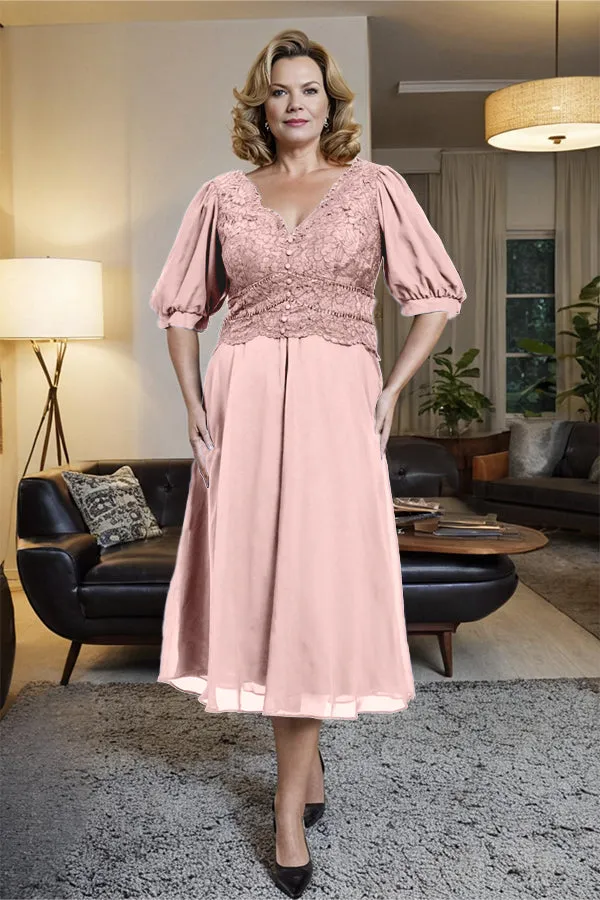V-Neck A Line Half Lantern Sleeves Tea Length Mother of the Bride Dress