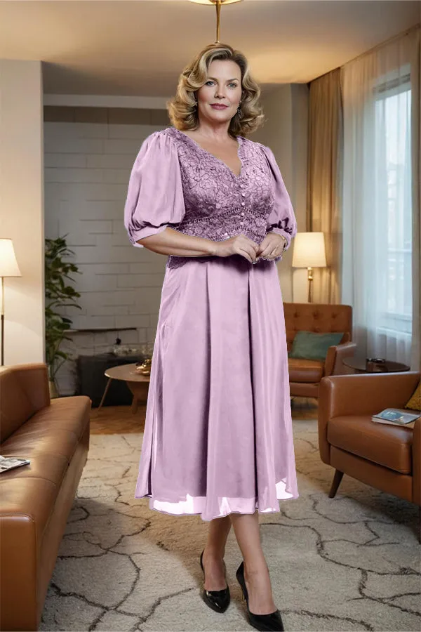 V-Neck A Line Half Lantern Sleeves Tea Length Mother of the Bride Dress