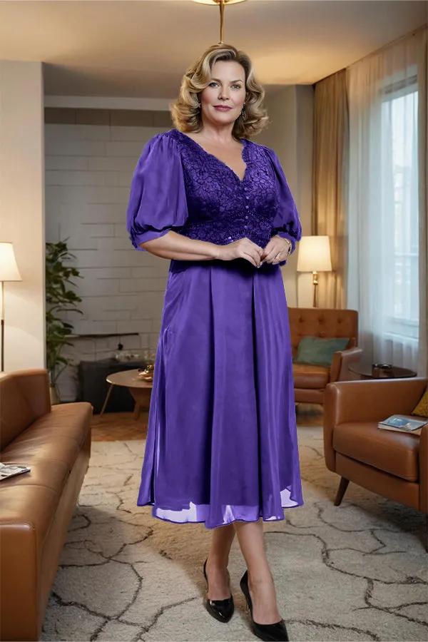 V-Neck A Line Half Lantern Sleeves Tea Length Mother of the Bride Dress