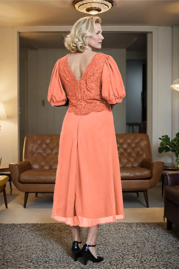 V-Neck A Line Half Lantern Sleeves Tea Length Mother of the Bride Dress