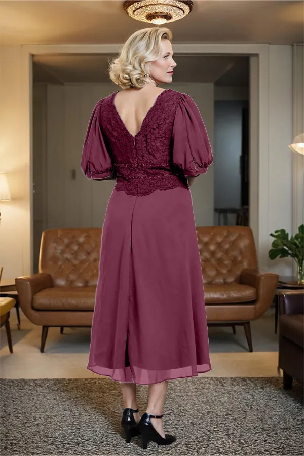 V-Neck A Line Half Lantern Sleeves Tea Length Mother of the Bride Dress