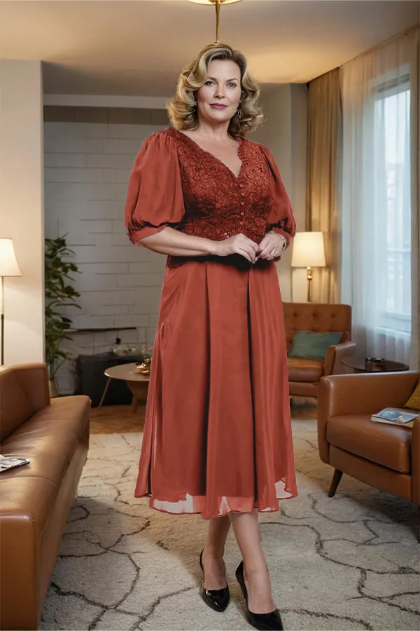 V-Neck A Line Half Lantern Sleeves Tea Length Mother of the Bride Dress