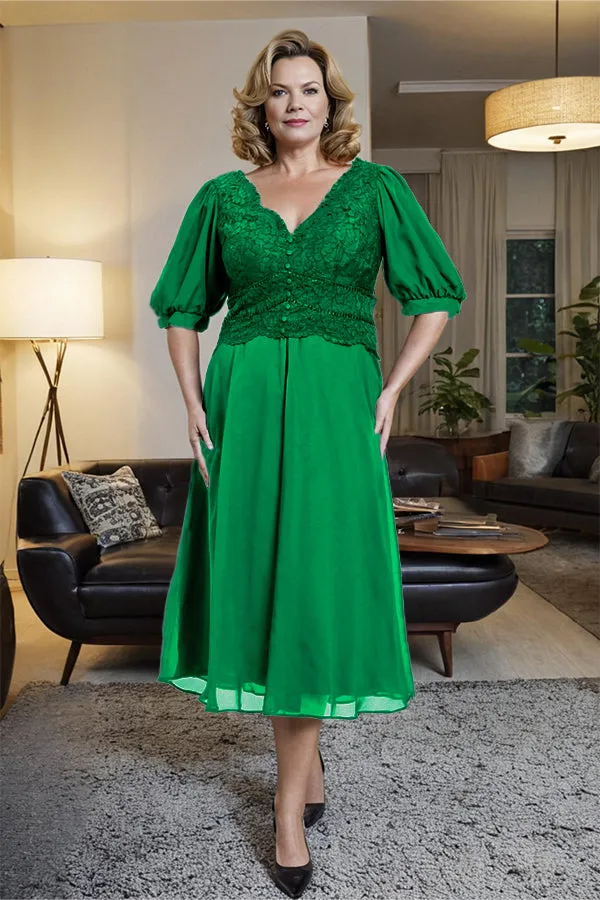 V-Neck A Line Half Lantern Sleeves Tea Length Mother of the Bride Dress