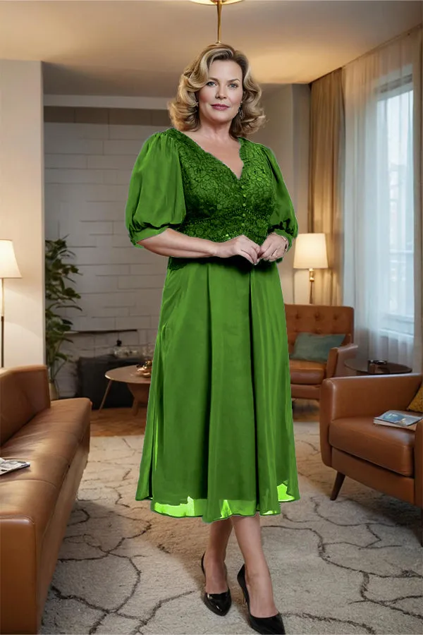 V-Neck A Line Half Lantern Sleeves Tea Length Mother of the Bride Dress