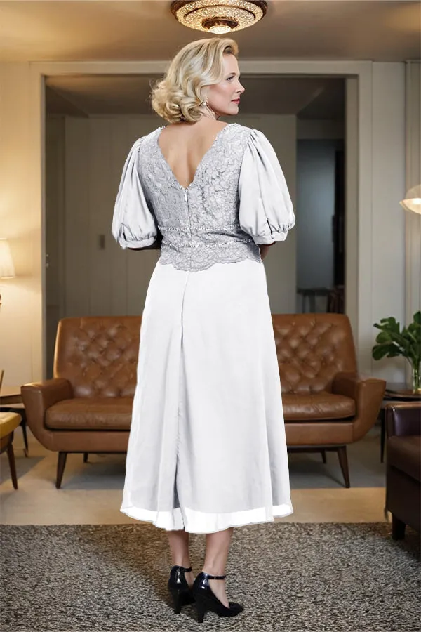 V-Neck A Line Half Lantern Sleeves Tea Length Mother of the Bride Dress