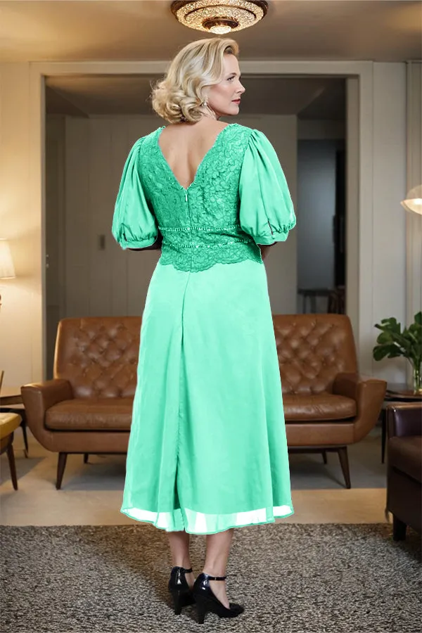 V-Neck A Line Half Lantern Sleeves Tea Length Mother of the Bride Dress