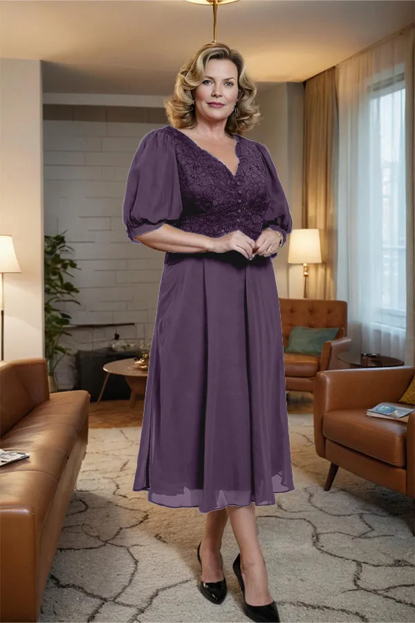 V-Neck A Line Half Lantern Sleeves Tea Length Mother of the Bride Dress