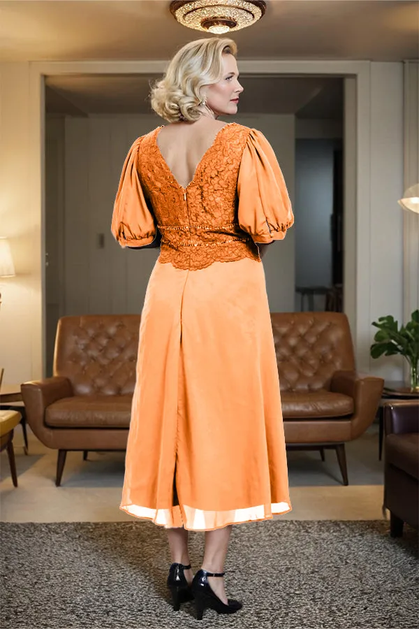 V-Neck A Line Half Lantern Sleeves Tea Length Mother of the Bride Dress