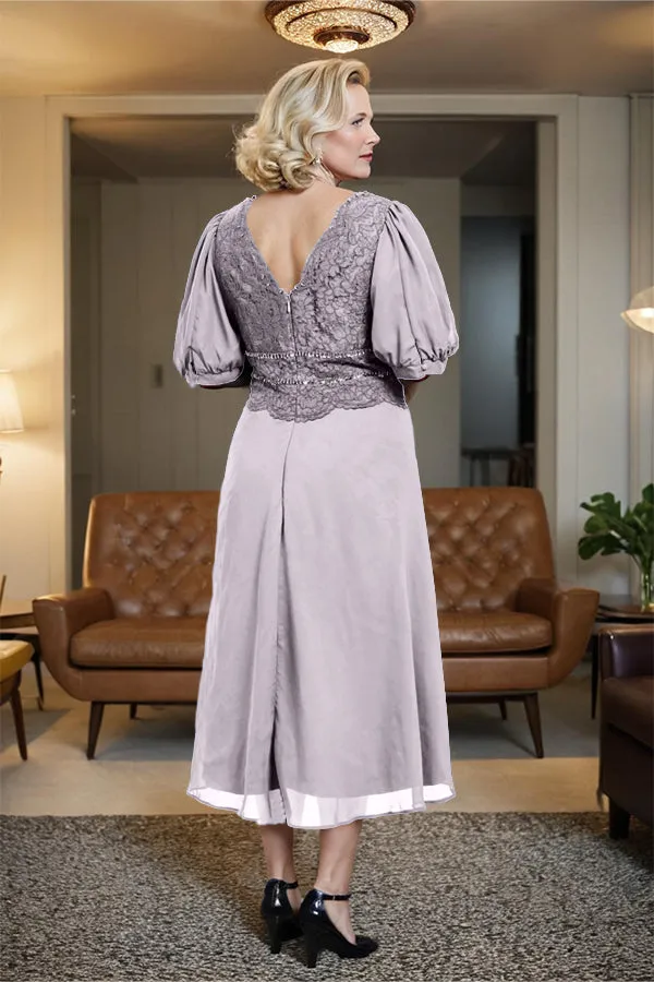 V-Neck A Line Half Lantern Sleeves Tea Length Mother of the Bride Dress
