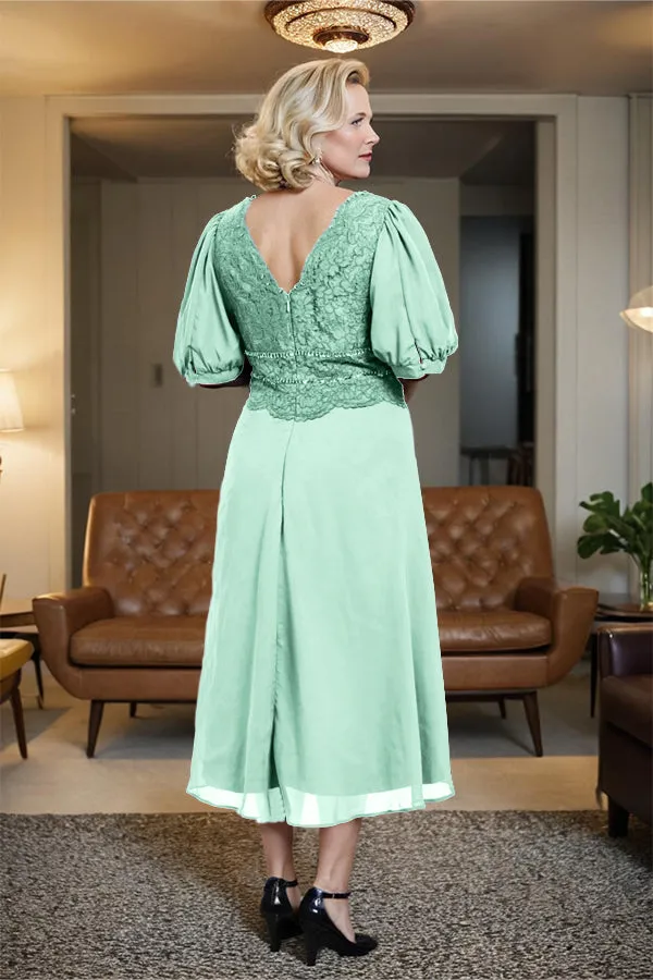 V-Neck A Line Half Lantern Sleeves Tea Length Mother of the Bride Dress