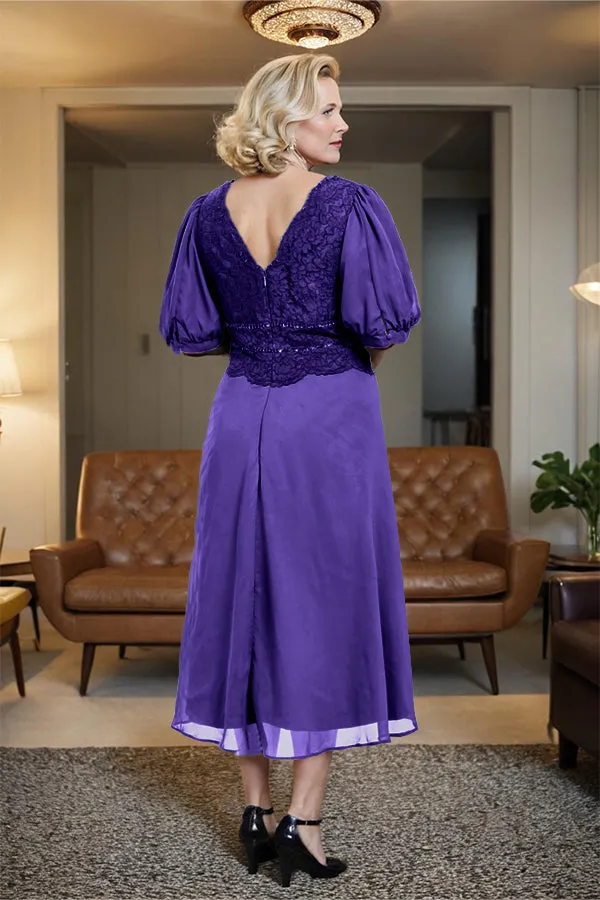 V-Neck A Line Half Lantern Sleeves Tea Length Mother of the Bride Dress