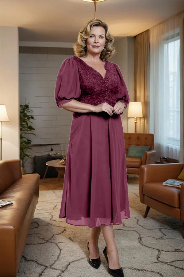 V-Neck A Line Half Lantern Sleeves Tea Length Mother of the Bride Dress
