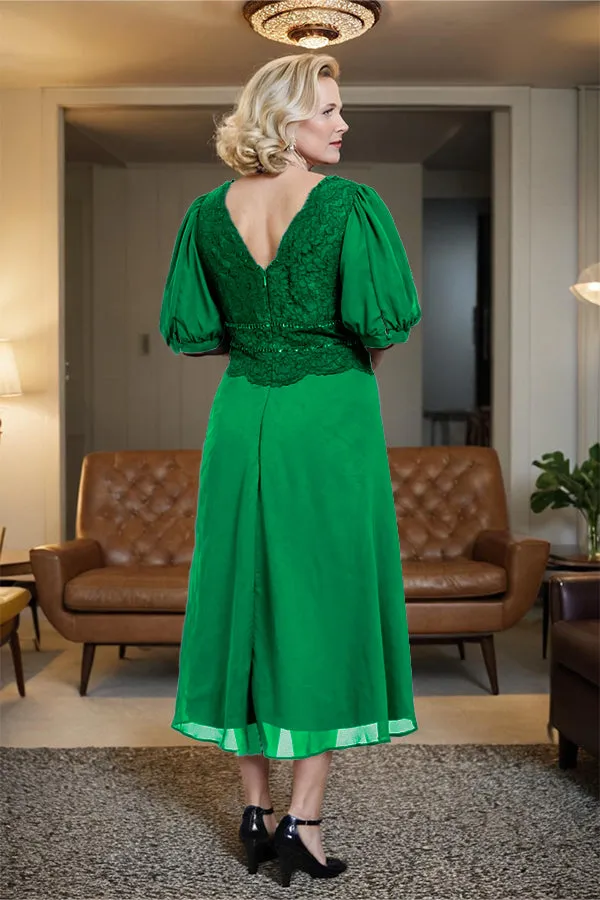 V-Neck A Line Half Lantern Sleeves Tea Length Mother of the Bride Dress
