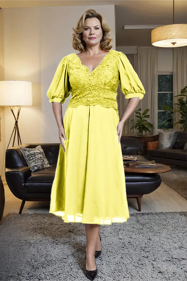 V-Neck A Line Half Lantern Sleeves Tea Length Mother of the Bride Dress