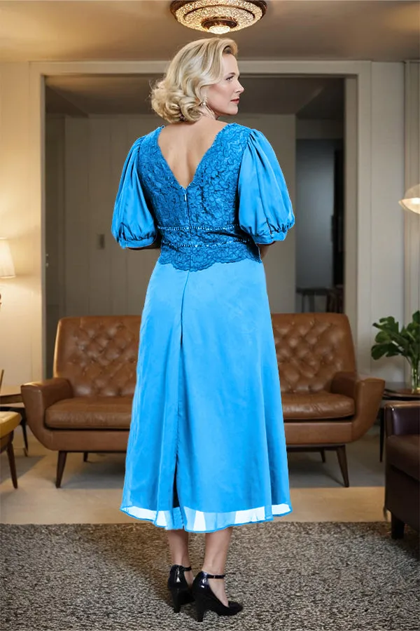V-Neck A Line Half Lantern Sleeves Tea Length Mother of the Bride Dress