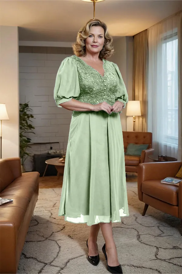 V-Neck A Line Half Lantern Sleeves Tea Length Mother of the Bride Dress