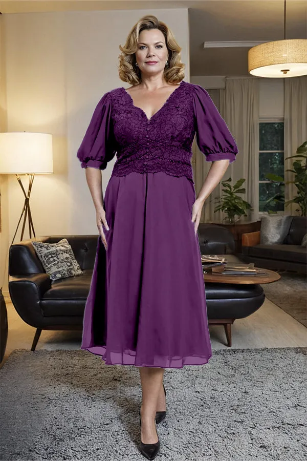 V-Neck A Line Half Lantern Sleeves Tea Length Mother of the Bride Dress