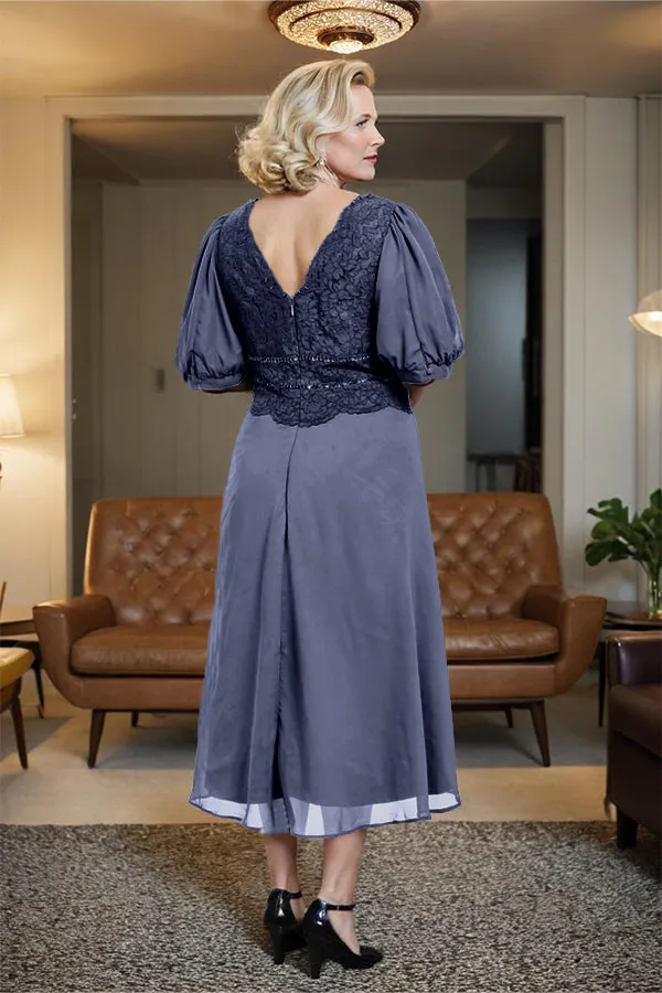 V-Neck A Line Half Lantern Sleeves Tea Length Mother of the Bride Dress