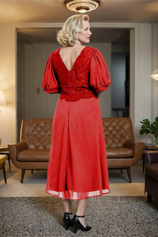 V-Neck A Line Half Lantern Sleeves Tea Length Mother of the Bride Dress