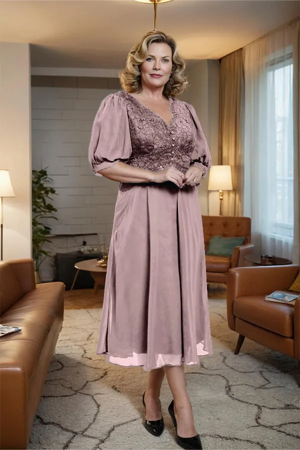 V-Neck A Line Half Lantern Sleeves Tea Length Mother of the Bride Dress