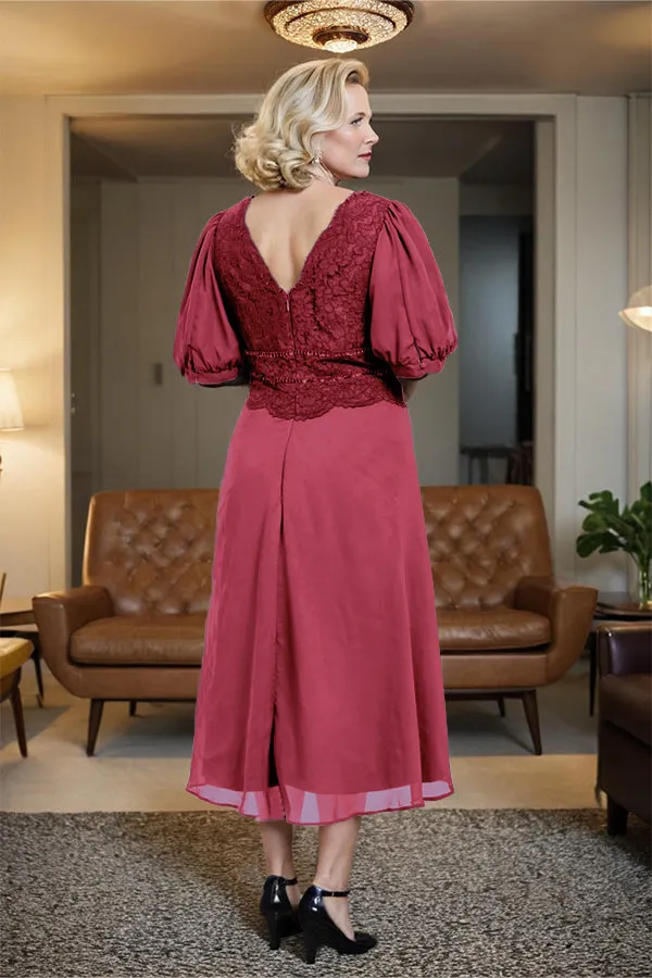 V-Neck A Line Half Lantern Sleeves Tea Length Mother of the Bride Dress