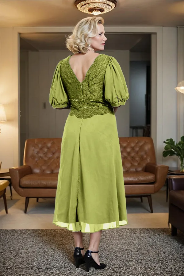 V-Neck A Line Half Lantern Sleeves Tea Length Mother of the Bride Dress