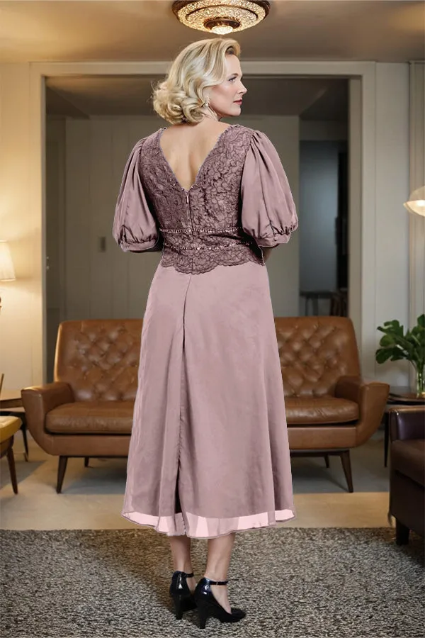 V-Neck A Line Half Lantern Sleeves Tea Length Mother of the Bride Dress