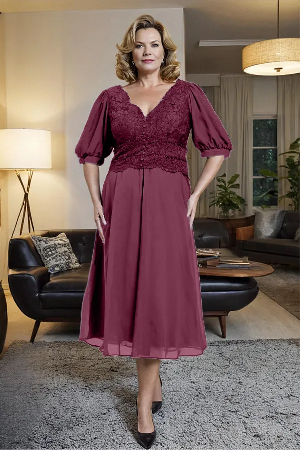 V-Neck A Line Half Lantern Sleeves Tea Length Mother of the Bride Dress
