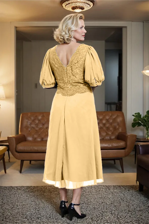 V-Neck A Line Half Lantern Sleeves Tea Length Mother of the Bride Dress