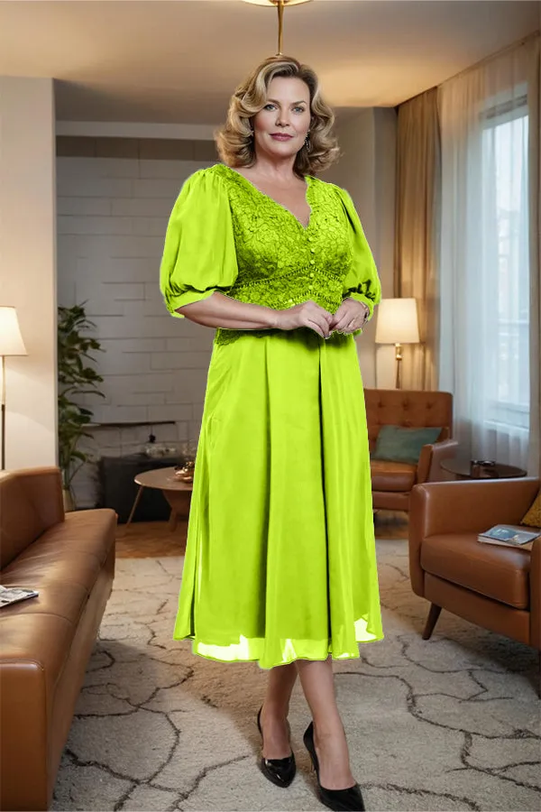 V-Neck A Line Half Lantern Sleeves Tea Length Mother of the Bride Dress