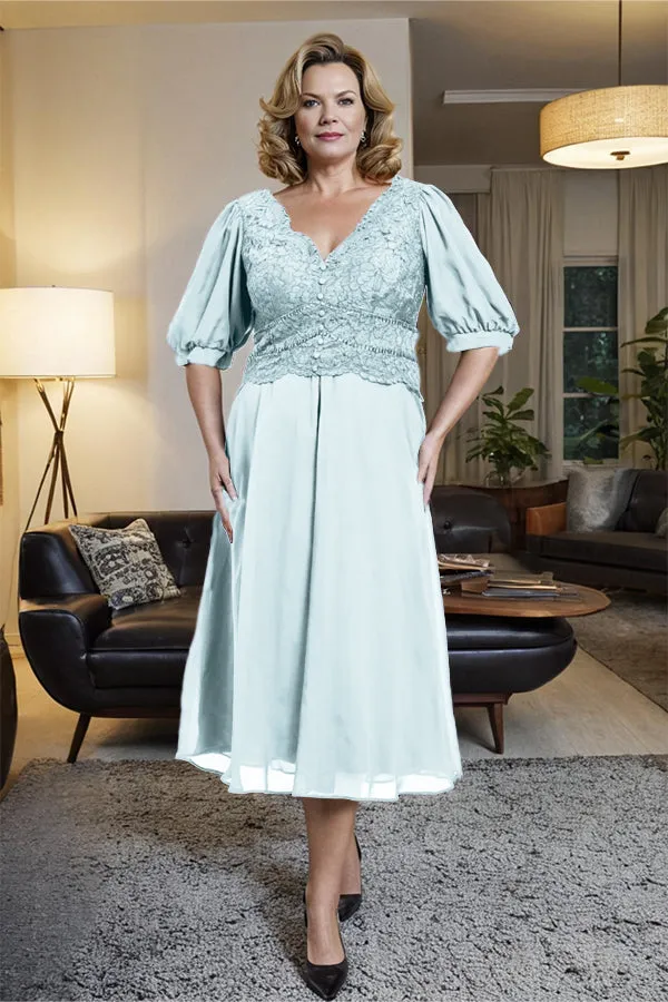 V-Neck A Line Half Lantern Sleeves Tea Length Mother of the Bride Dress