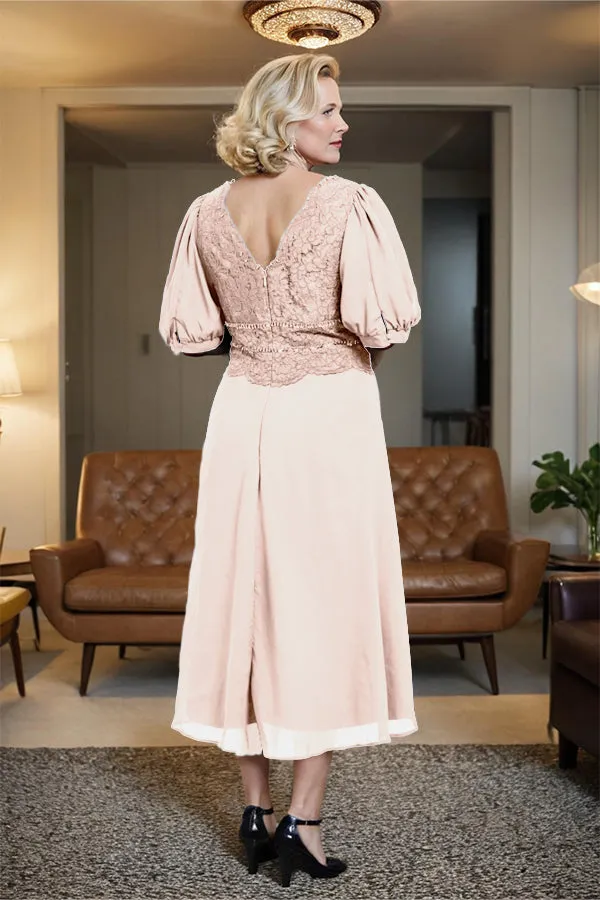 V-Neck A Line Half Lantern Sleeves Tea Length Mother of the Bride Dress