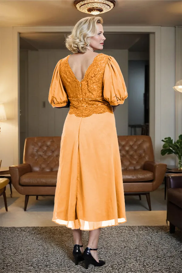V-Neck A Line Half Lantern Sleeves Tea Length Mother of the Bride Dress