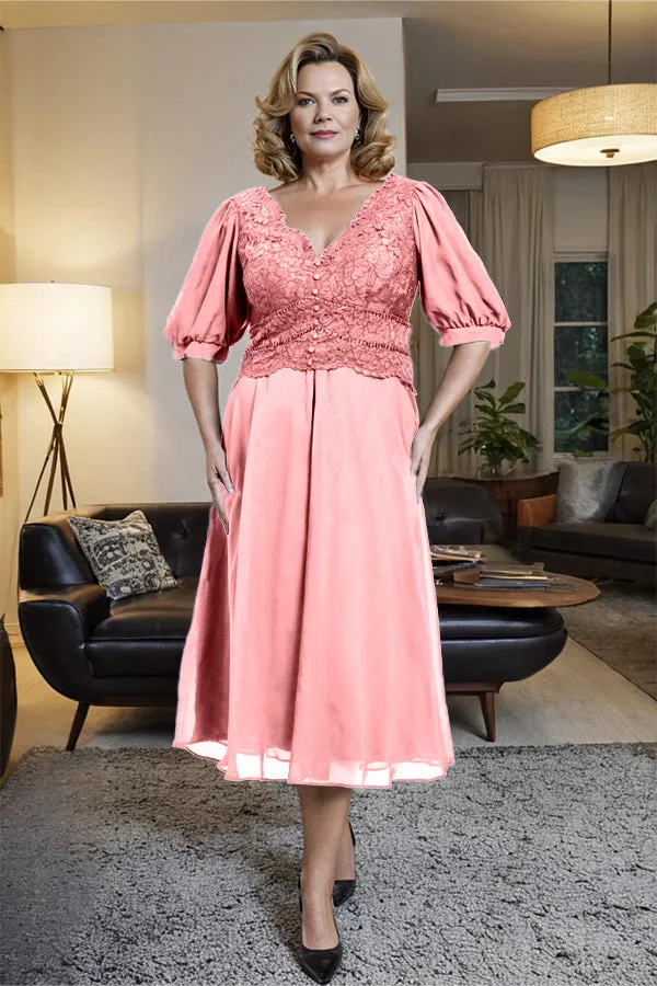 V-Neck A Line Half Lantern Sleeves Tea Length Mother of the Bride Dress