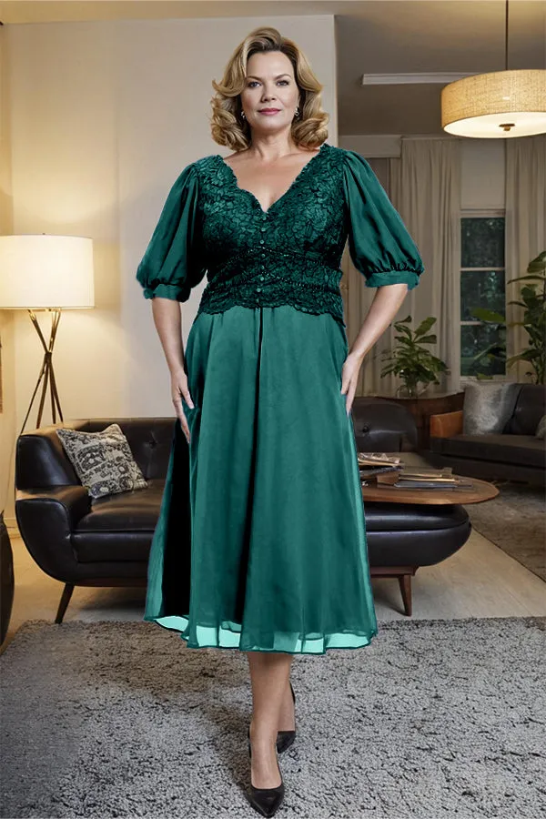 V-Neck A Line Half Lantern Sleeves Tea Length Mother of the Bride Dress