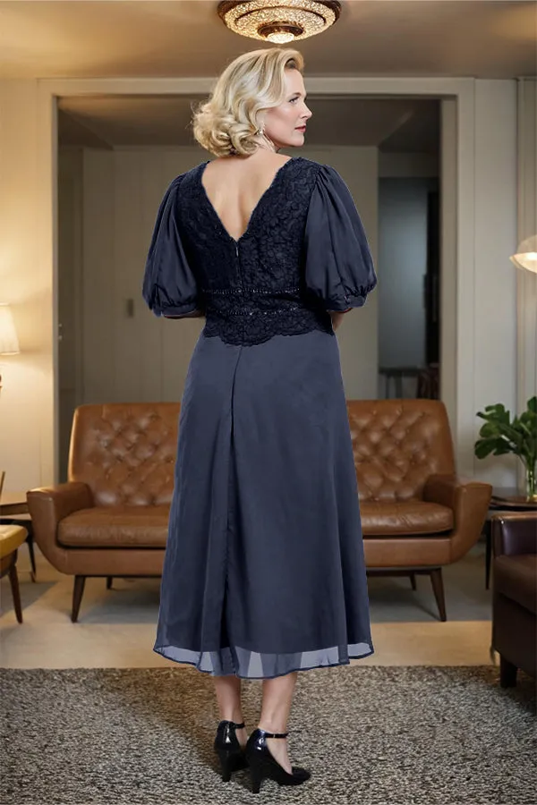 V-Neck A Line Half Lantern Sleeves Tea Length Mother of the Bride Dress