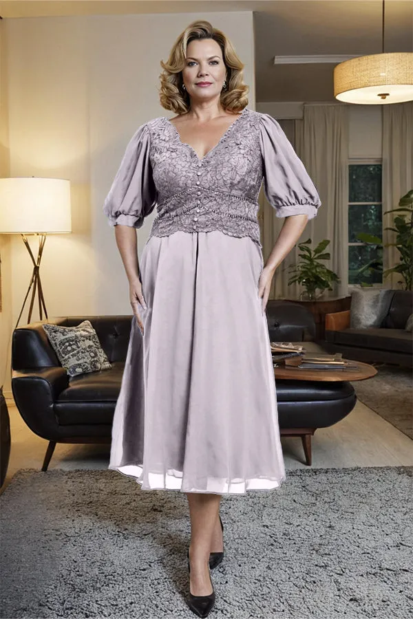V-Neck A Line Half Lantern Sleeves Tea Length Mother of the Bride Dress