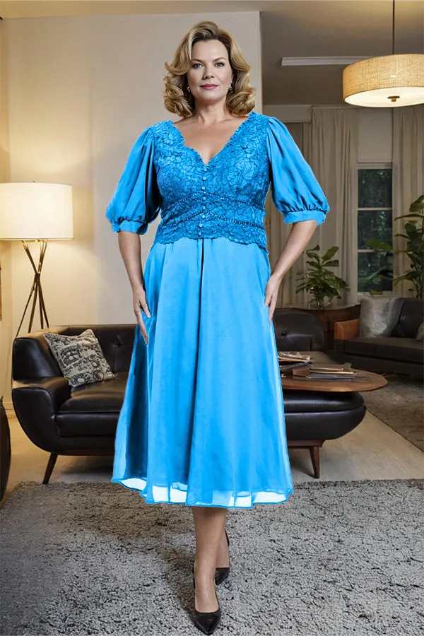 V-Neck A Line Half Lantern Sleeves Tea Length Mother of the Bride Dress