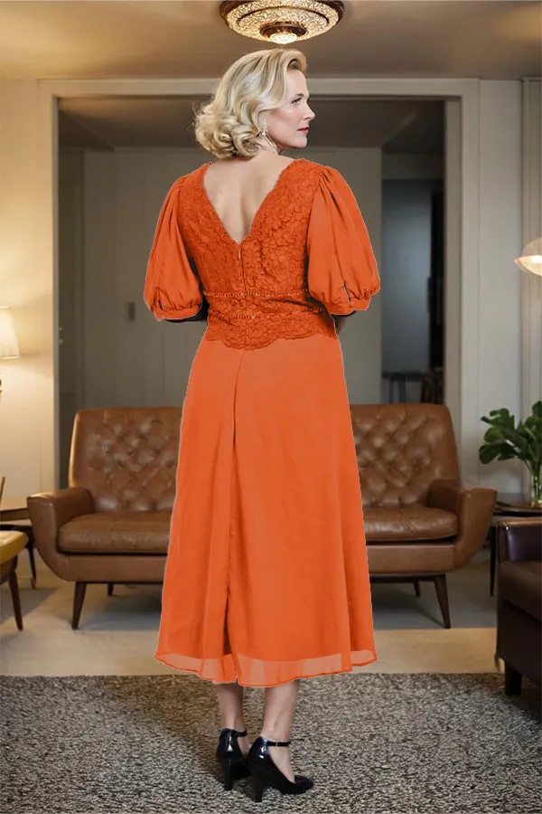 V-Neck A Line Half Lantern Sleeves Tea Length Mother of the Bride Dress