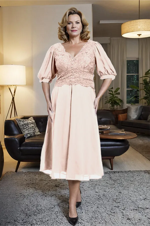 V-Neck A Line Half Lantern Sleeves Tea Length Mother of the Bride Dress