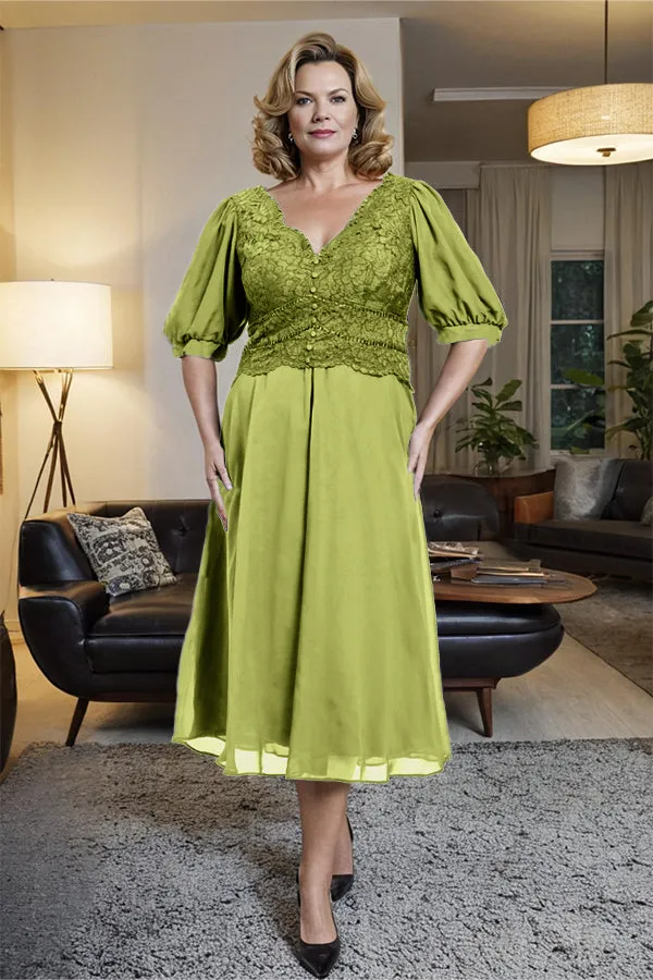 V-Neck A Line Half Lantern Sleeves Tea Length Mother of the Bride Dress