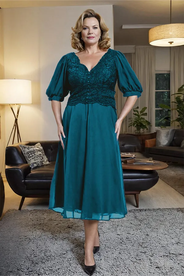 V-Neck A Line Half Lantern Sleeves Tea Length Mother of the Bride Dress
