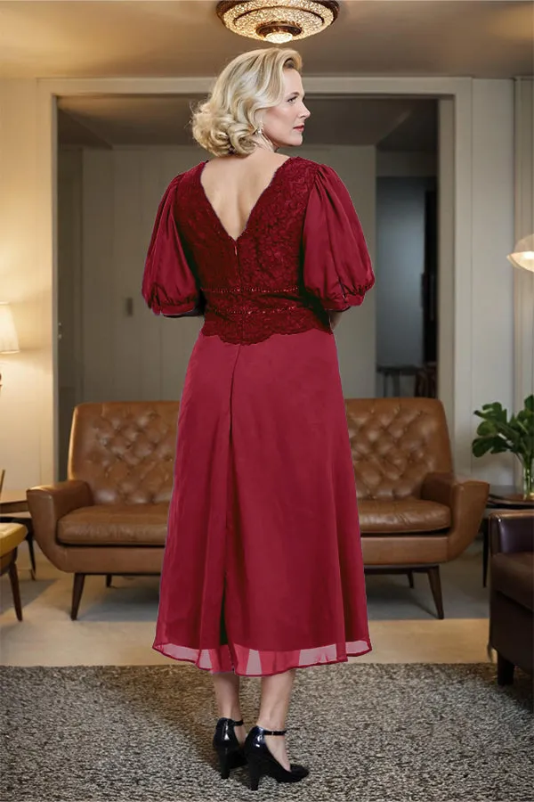 V-Neck A Line Half Lantern Sleeves Tea Length Mother of the Bride Dress