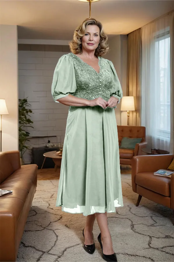 V-Neck A Line Half Lantern Sleeves Tea Length Mother of the Bride Dress