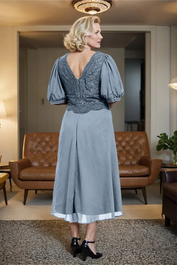 V-Neck A Line Half Lantern Sleeves Tea Length Mother of the Bride Dress