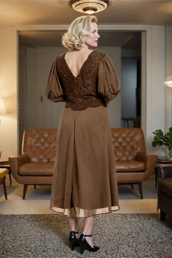 V-Neck A Line Half Lantern Sleeves Tea Length Mother of the Bride Dress