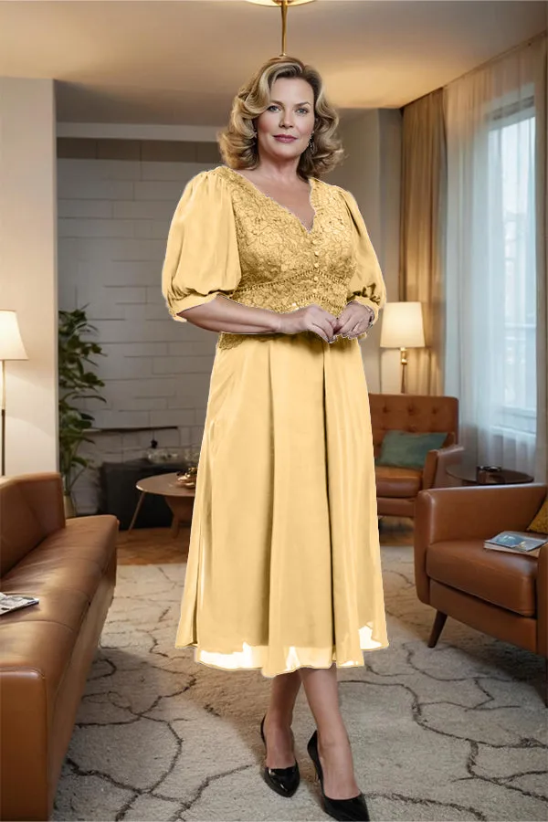 V-Neck A Line Half Lantern Sleeves Tea Length Mother of the Bride Dress