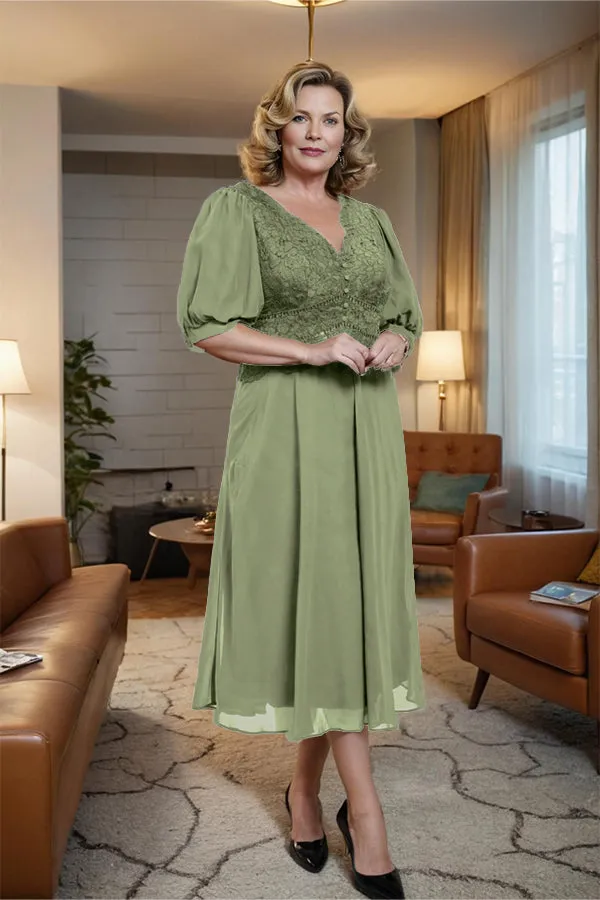 V-Neck A Line Half Lantern Sleeves Tea Length Mother of the Bride Dress