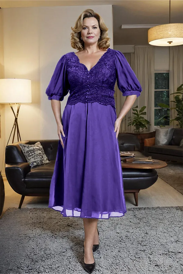 V-Neck A Line Half Lantern Sleeves Tea Length Mother of the Bride Dress